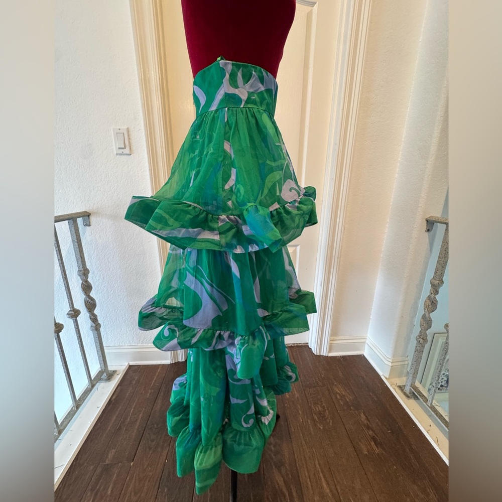 🦄 NWT Mac Duggal Sz 2 Printed Chiffon Green Floral A-Line Tiered Ruffle Skirt - Picture 6 of 16